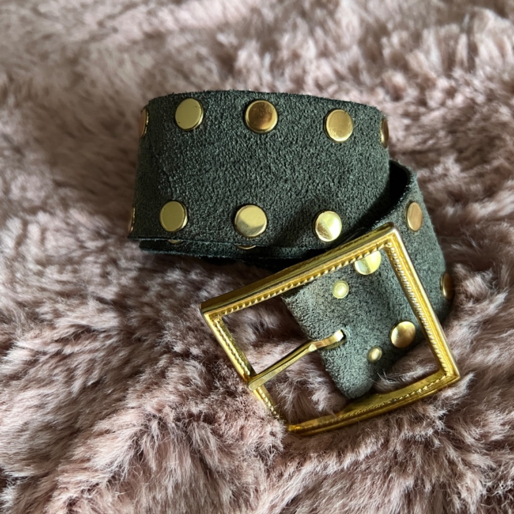 VINTAGE 80s Sage/Olive Suede Gold Tone Bling Studded Fashion Belt - unique! - Picture 13 of 14
